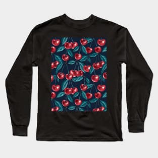 Red cherries on dark blue Long Sleeve T-Shirt